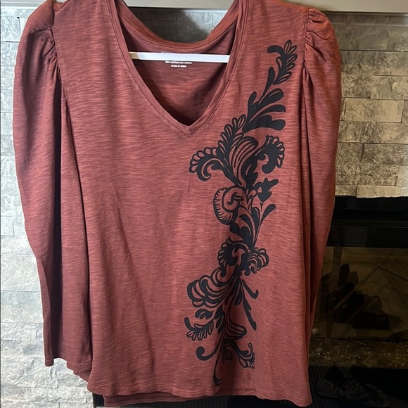 Chico's Cotton Slub Basic Rust Knit V neckline Graphic Blouse size XL /3 - Picture 9 of 11